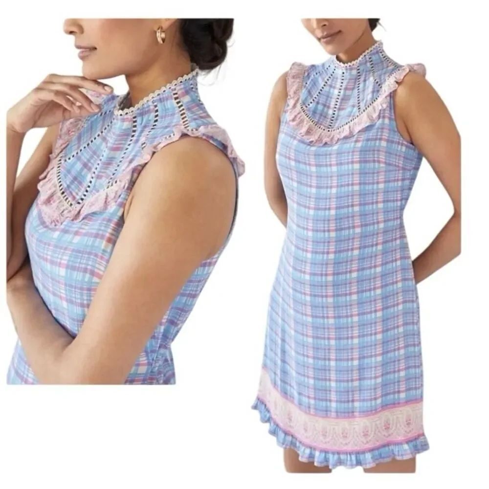 NWT Anthropologie Plenty by Tracy Reese high-neck plaid mini dress in blue pink